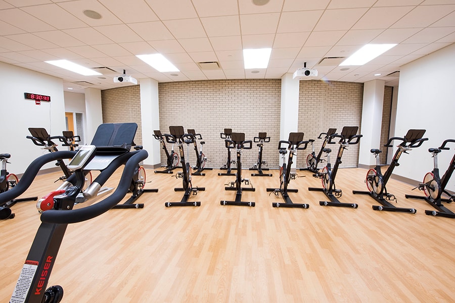 Photo of Cycling Studio with view from instructor bike looking towards class seating