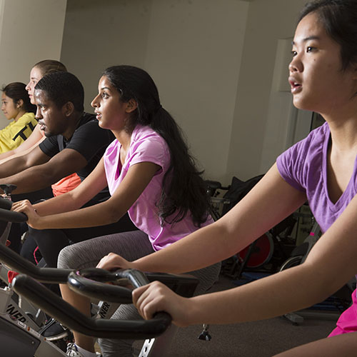Photo of the Cycling Studio during a student bicycle class