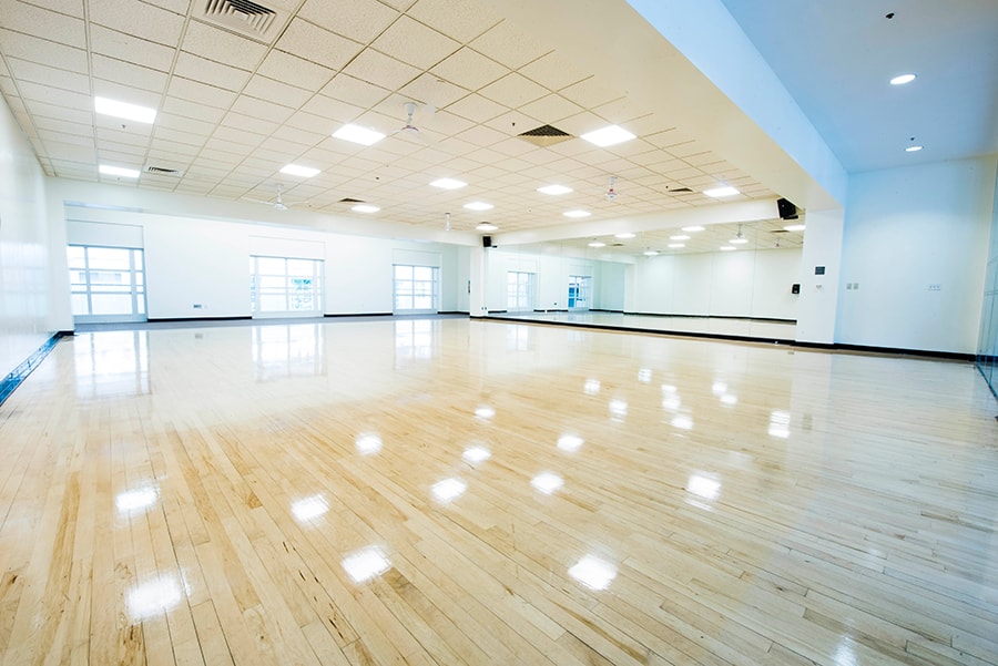 Photo of Activities Room featuring speakers, mirrors, and fans