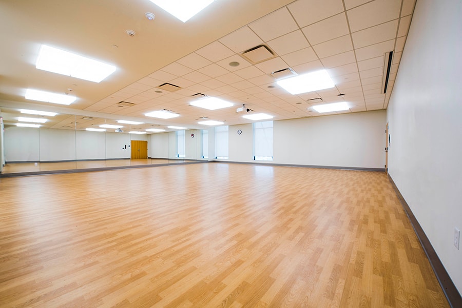 Photo of Keeler Exercise Studio with view from corner towards mirrors and windows