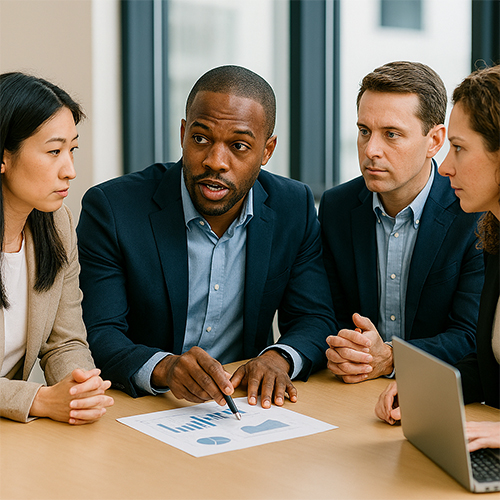 A group of people talking together around a laptop computer.