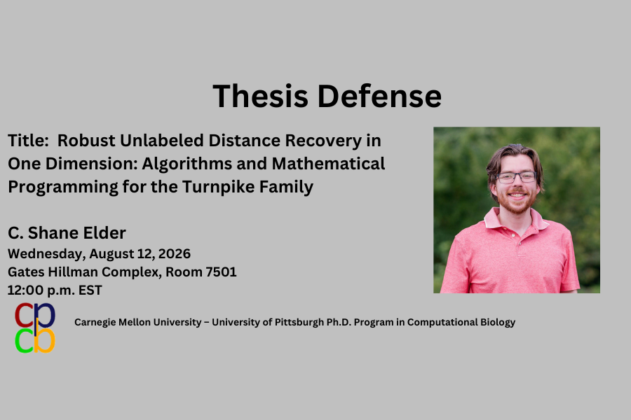 Infographic depicting the title, date, time and location of C. Shane Elder's thesis defense