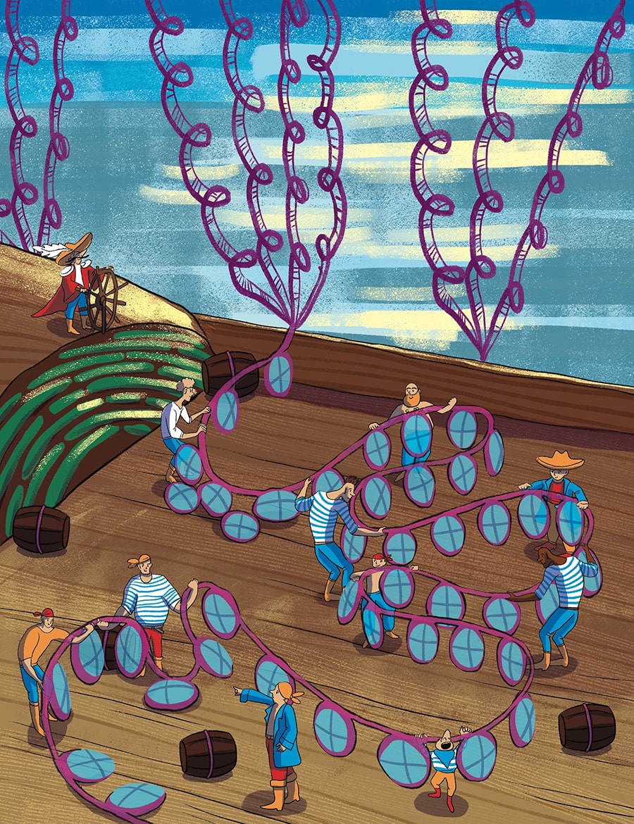Much as groups of sailors work together with ropes to accomplish tasks aboard ship, collections of transcription factor proteins work with sections of chromosomes as a community in the nucleus of a cell to carry out cell functions. Computational biologists at Carnegie Mellon University have developed algorithms for identifying these communities in cell nuclei. Illustration by Ella Marushchenko