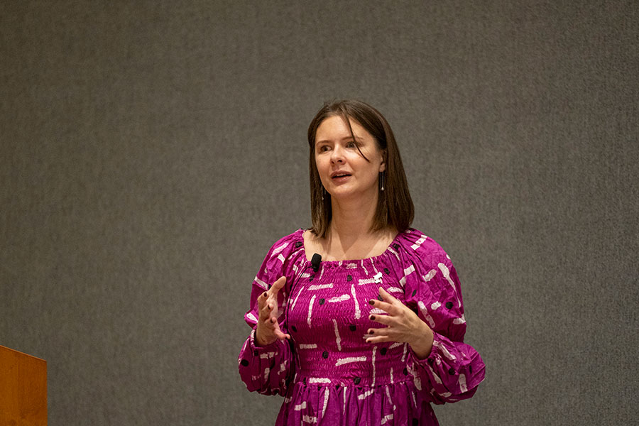 Close up of Lex Huth giving her keynote presentation