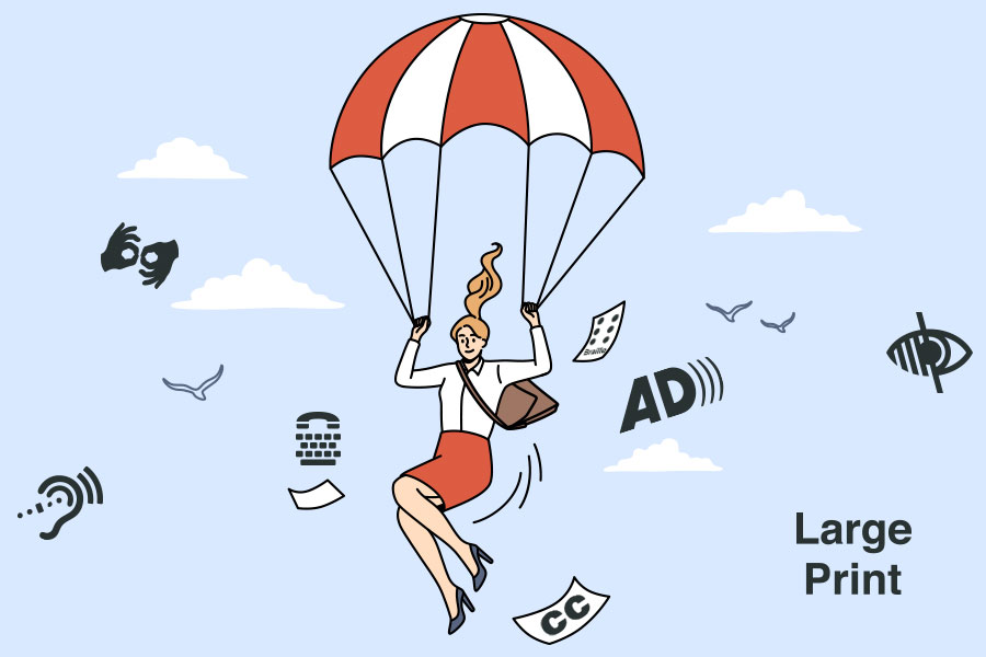 Illustration of a woman falling through the sky with accessibility language surrounding her, signifying her "falling into accessibility" as the article title implies.