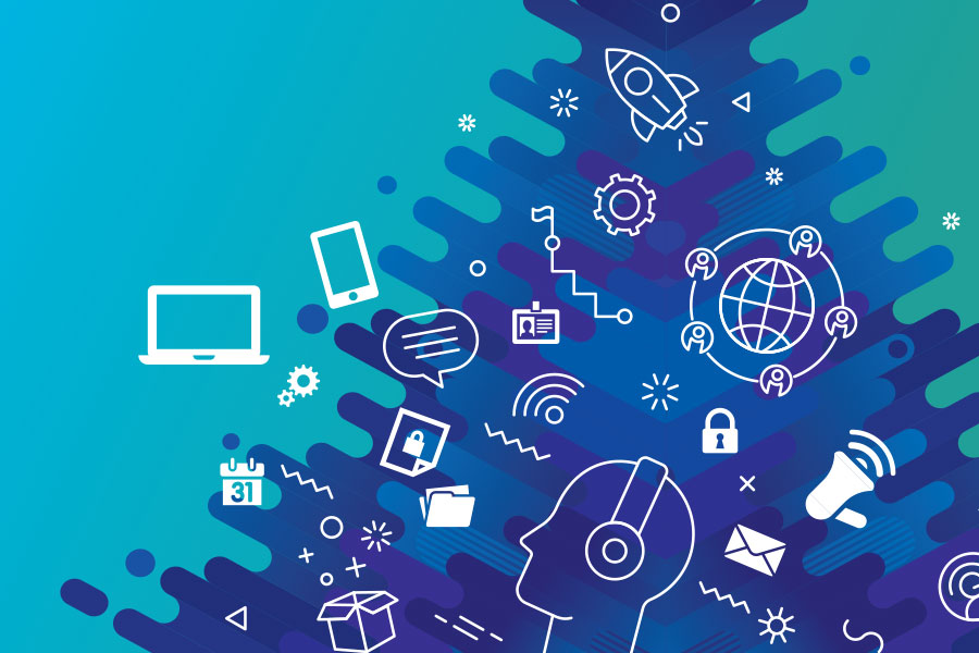Blue background with technology icons scattered around.
