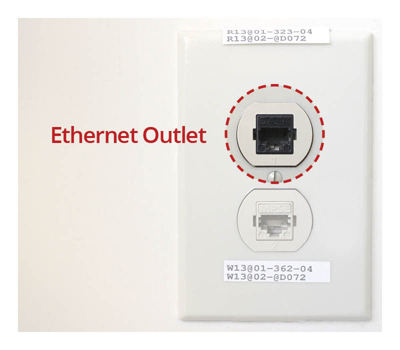 Photograph of an ethernet outlet with a label identifying the ethernet port.