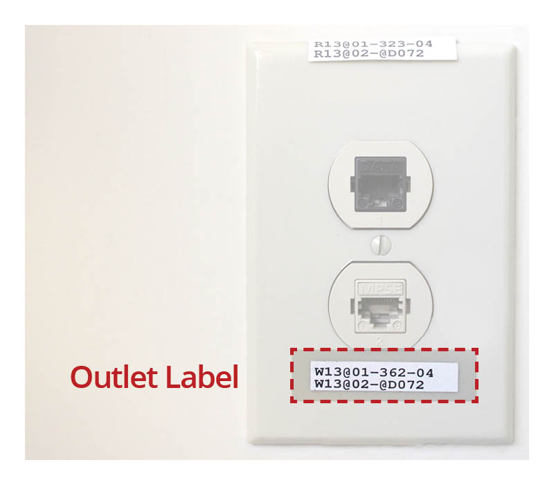 Photo of an ethernet outlet with the outlet label highlighted. The outlet label is located above and/or below the ethernet port on the ethernet label.