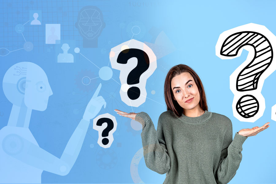 Photo of a woman shrugging, surrounded by question marks.