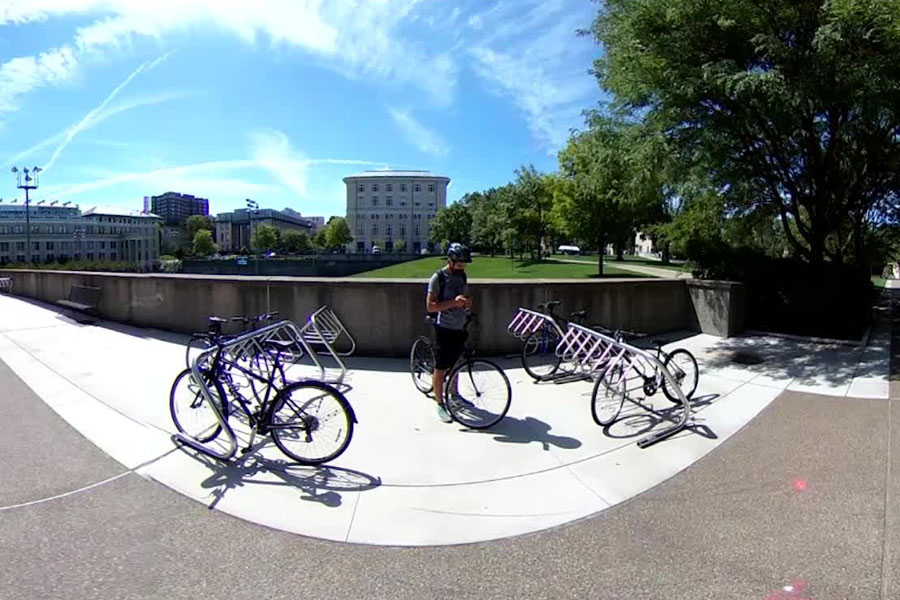 Bike standing still in 360 panoramic shot.