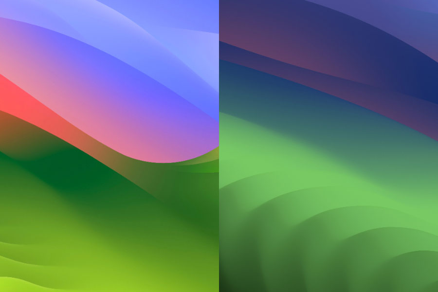 Apple's macOS Sonoma branded desktop background, which features an abstract depiction of rolling green hills with against a blue, purple, and red sky.