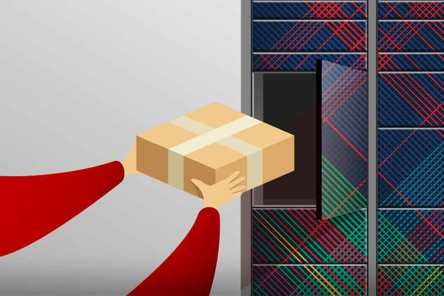 Illustration of the Computing Services lending lockers, with one locker open and a person's hands reaching in to retrieve a package.