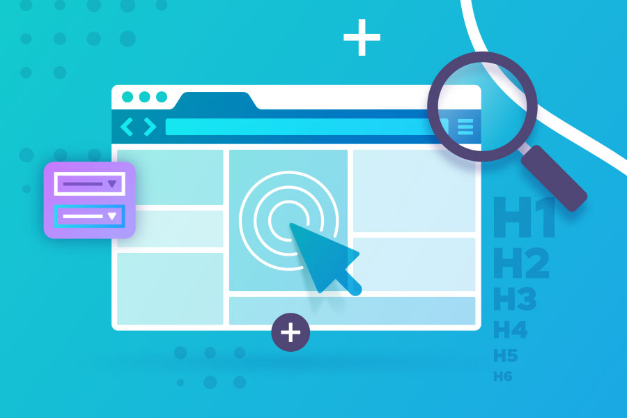 Illustration of web with cursor, magnifying glass, and heading references.