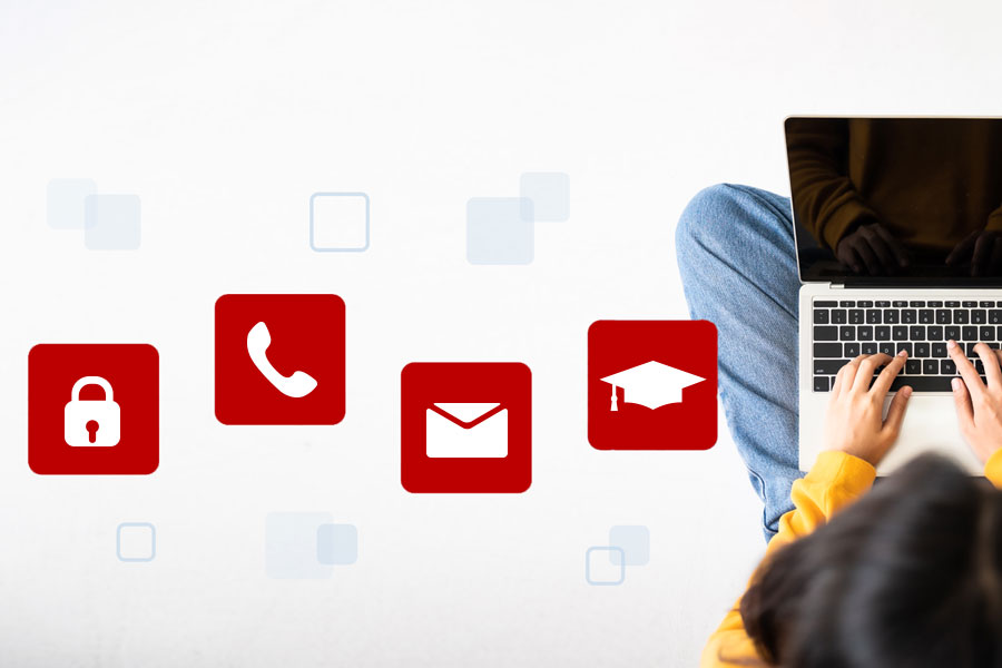 Photo of a student at their laptop. Icons with locks, a phone, an envelope, and a grad cap surround the student.