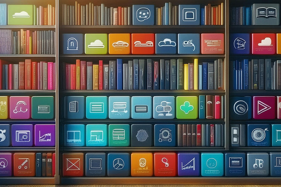 Application icons on library shelves like books