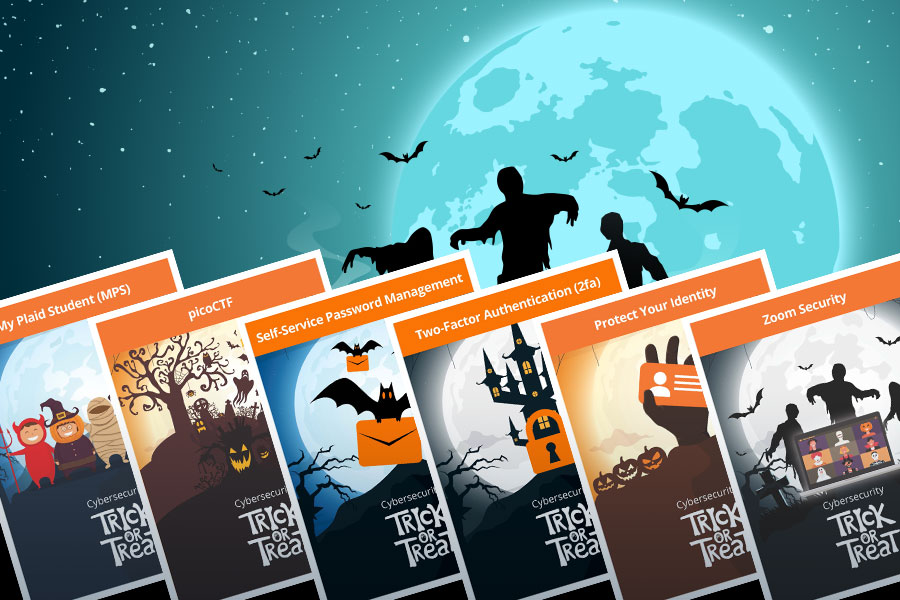 Illustration of a Halloween scene with posters about cybersecurity resources.