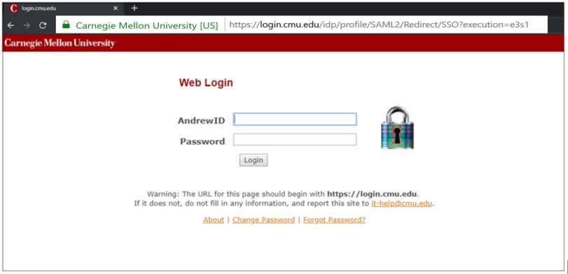 CMU andrew account login screen beginning with https://login.cmu.edu