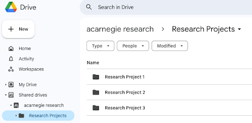 Screenshot of the Google Drive interface, demonstrating the location of the research Drive within the folder structure in Google Drive.