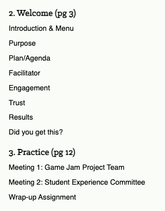 Screenshot of MeetingU table of contents