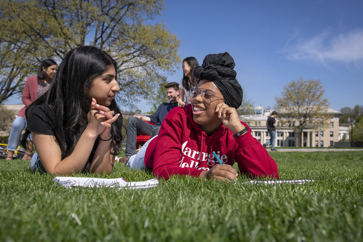 image of students conversing about work in a grassy field