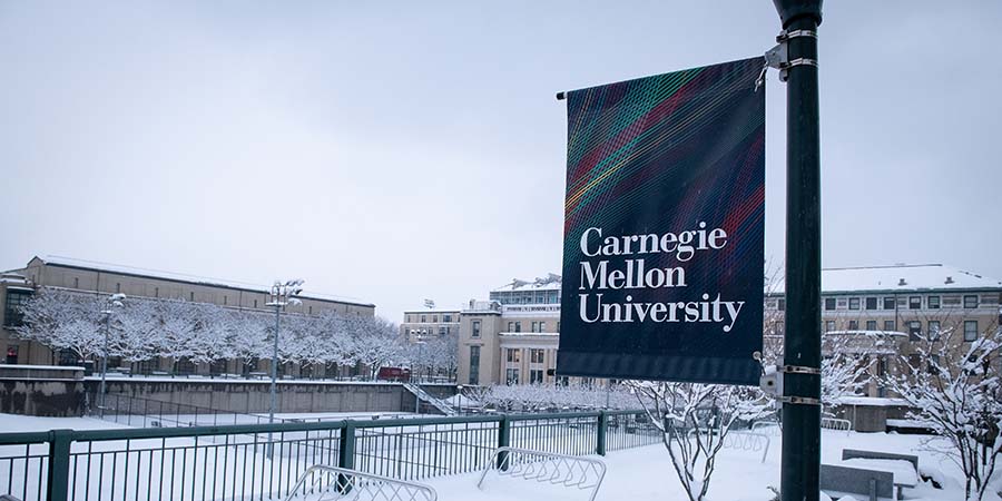 CMU campus sign winter shot