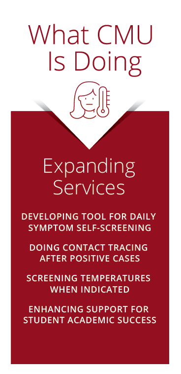 What CMU Is Doing; Expanding Services; Developing tool for daily symptom self-screening; Doing contact tracing after positive cases; Screening temperatures when indicated; Enhancing support for student academic success