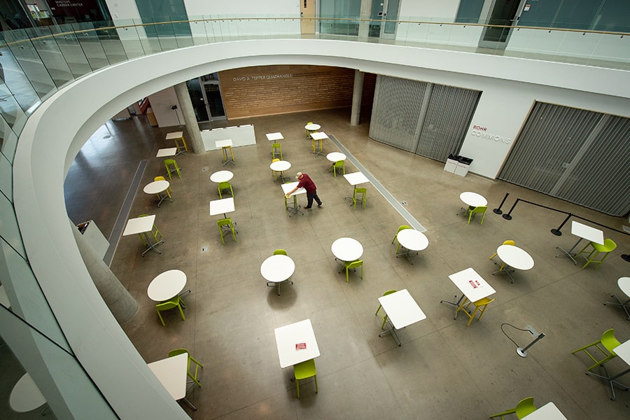 photo of person separating stations for social distance