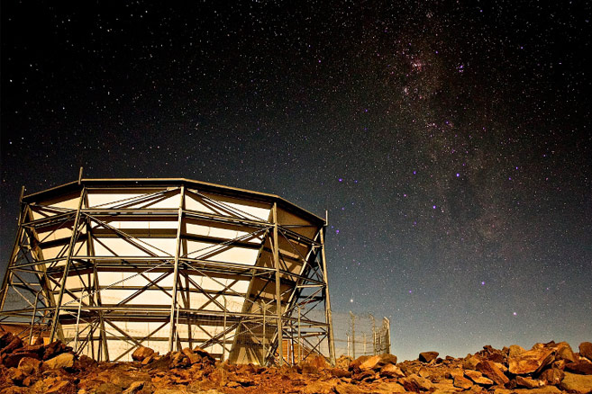 The Atacama Cosmology Telescope (ACT), a six-meter diameter telescope on Cerro Toco in the Atacama Desert of northern Chile. Credit: Jon Ward
