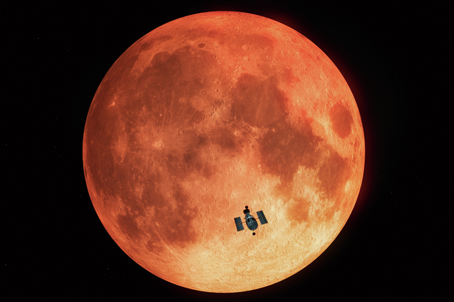 Illustration showing the Hubble Space Telescope superimposed on an image of the Moon, seen during a lunar eclipse. Credit: M. Kornmesser (ESA/Hubble), NASA, and ESA