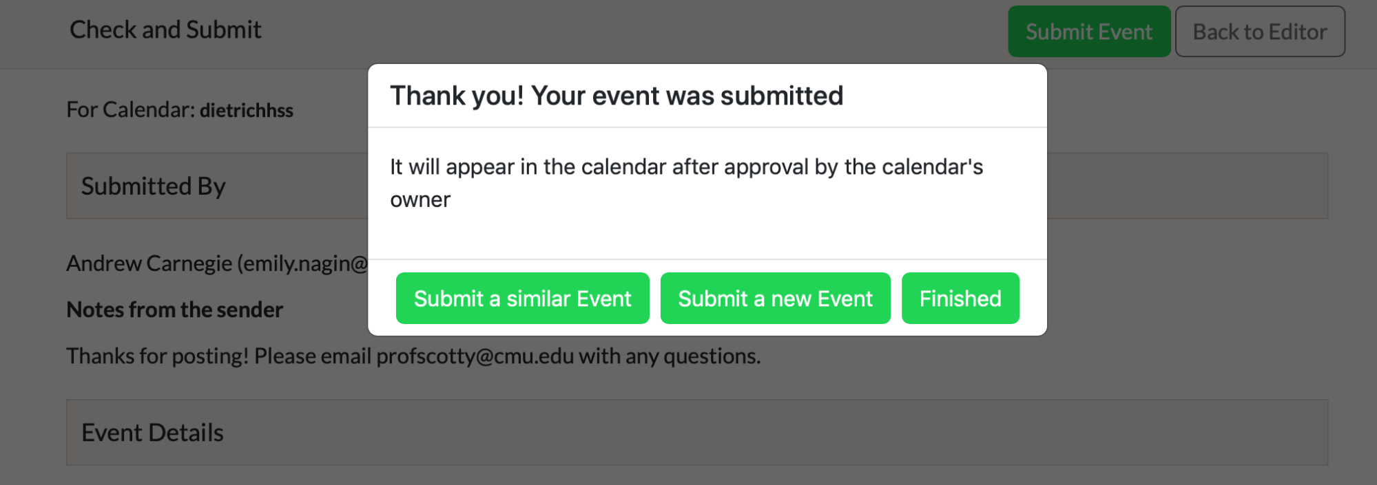Pop-up screen confirming that the event has been successfully submitted.