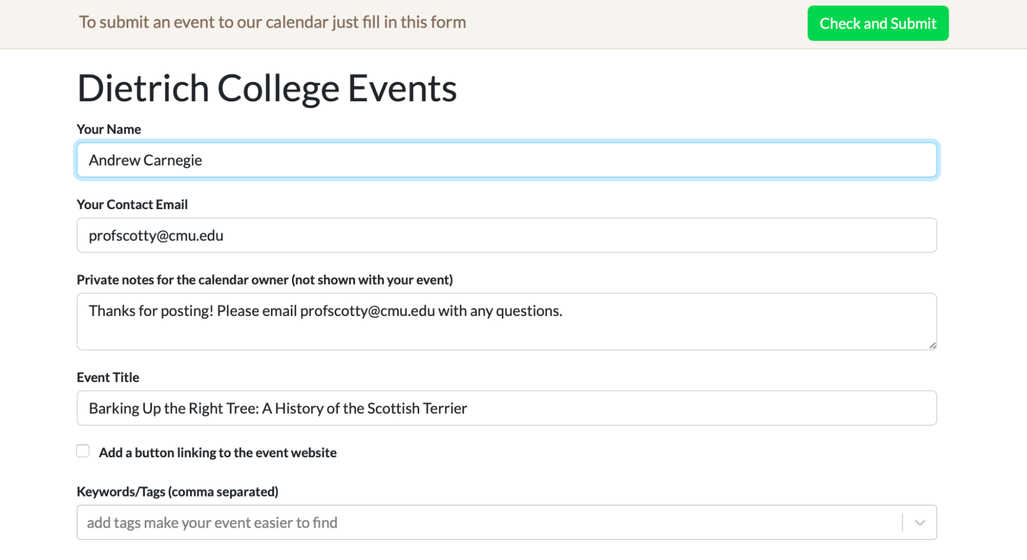 First section of the event submission form, including fields for the organizer's name, contact email, notes for the calendaring team, and an event title.