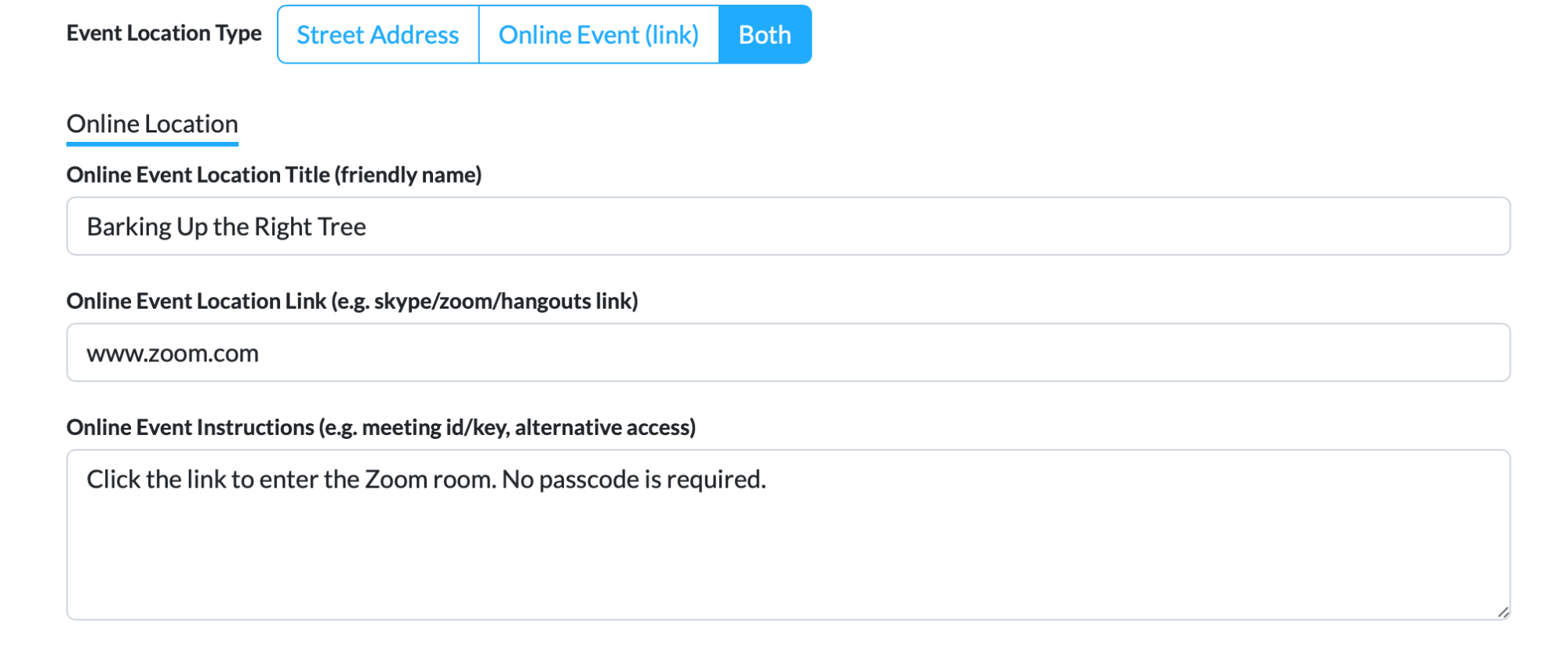 Third portion of the event form, in which organizers can enter a video conferencing link and relevant access information.