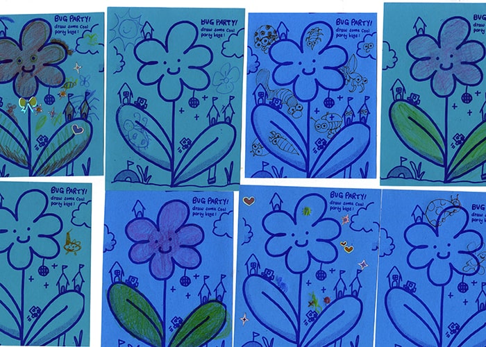 'Bug Party' cards and coloring pages by exhibition visitors.