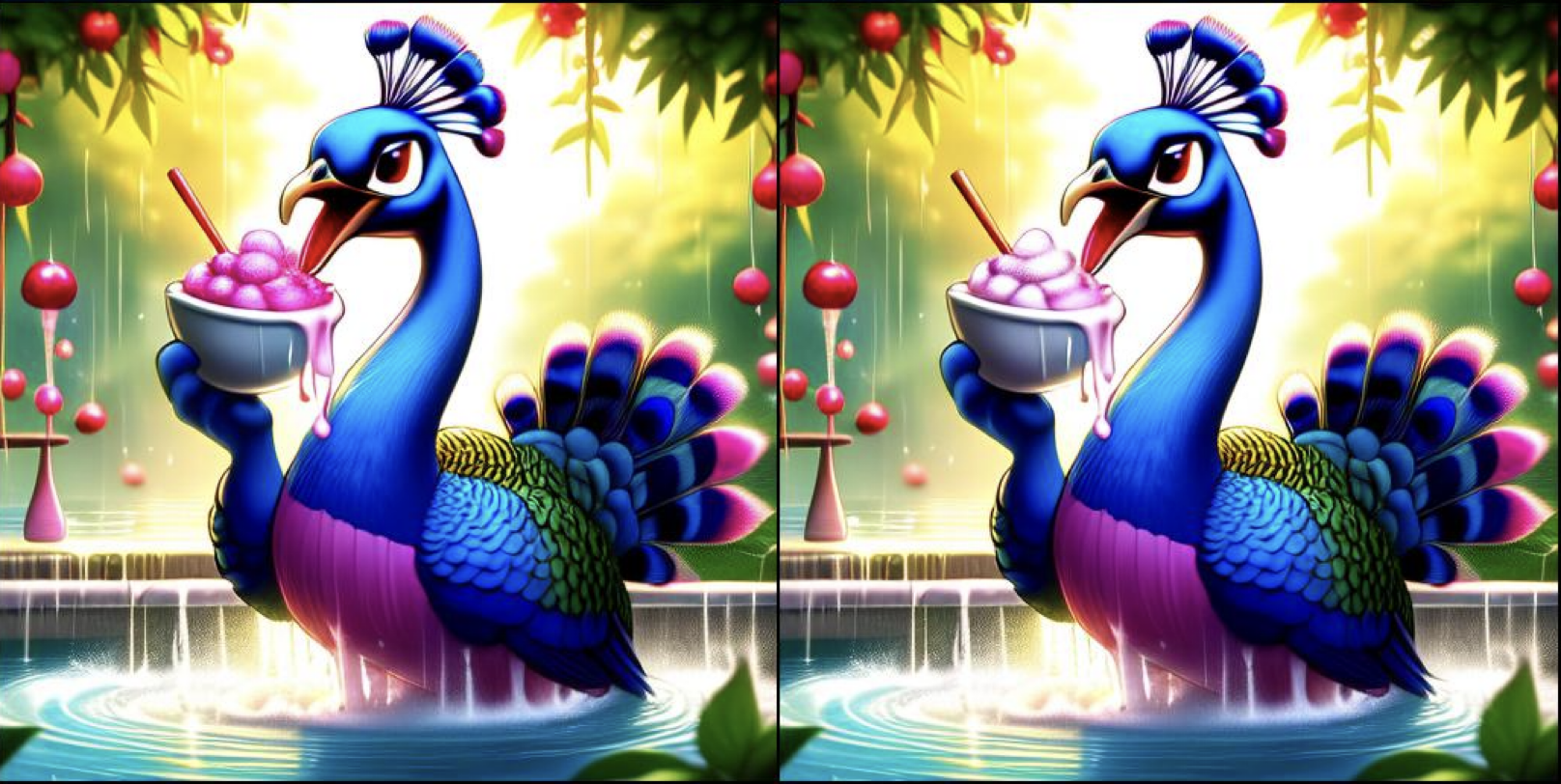 An AI-generated image created using the CMU-CLeaR Lab's Smart Artist platform (left) alongside a version edited with the prompt -A peacock eating white ice cream- (right)