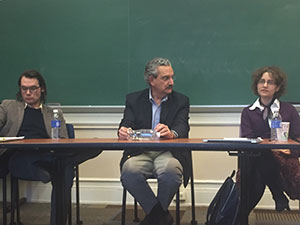From left to right, Steven Gotzler, Paul Bové and Andreea Deciu Ritivoi lead a panel discussion on modern intellectuals.