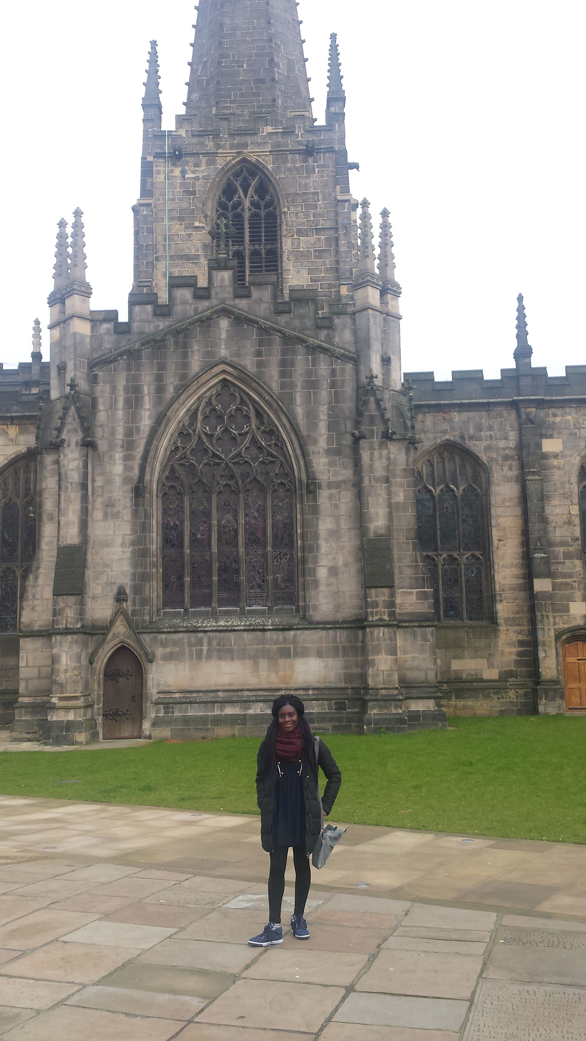 Elizabeth in front of Sheffield Cathedral.
