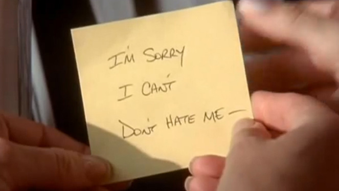 The infamous break up Post-it note Carrie Bradshaw received in Sex in the City.