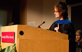 Andreea Ritivoi delivers a speech at the 2017 commencement ceremony.