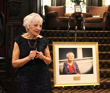 Peggy Knapp giving a thank you speech at her retirement celebration.