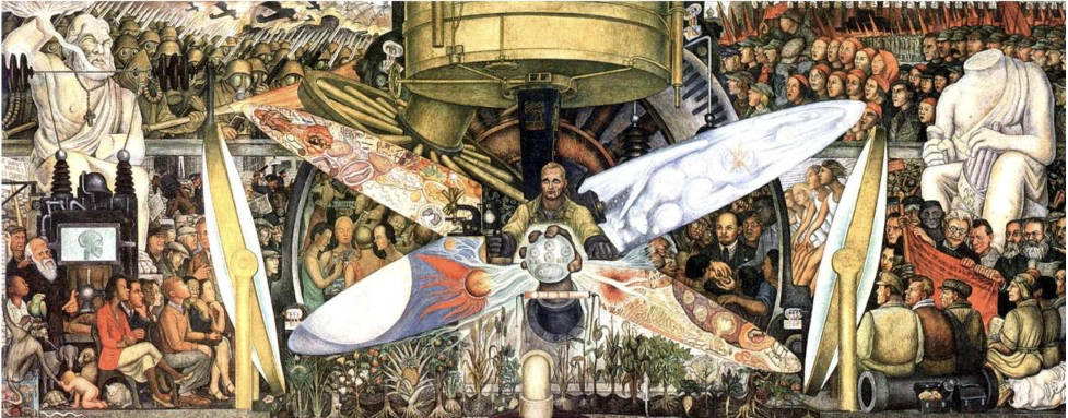 Mural of a Man surrounded by four dragonfly wings decorated with space and earth imagery. A cylindrical piece of machinery hangs above him. He is surrounded by statues and masses of people.