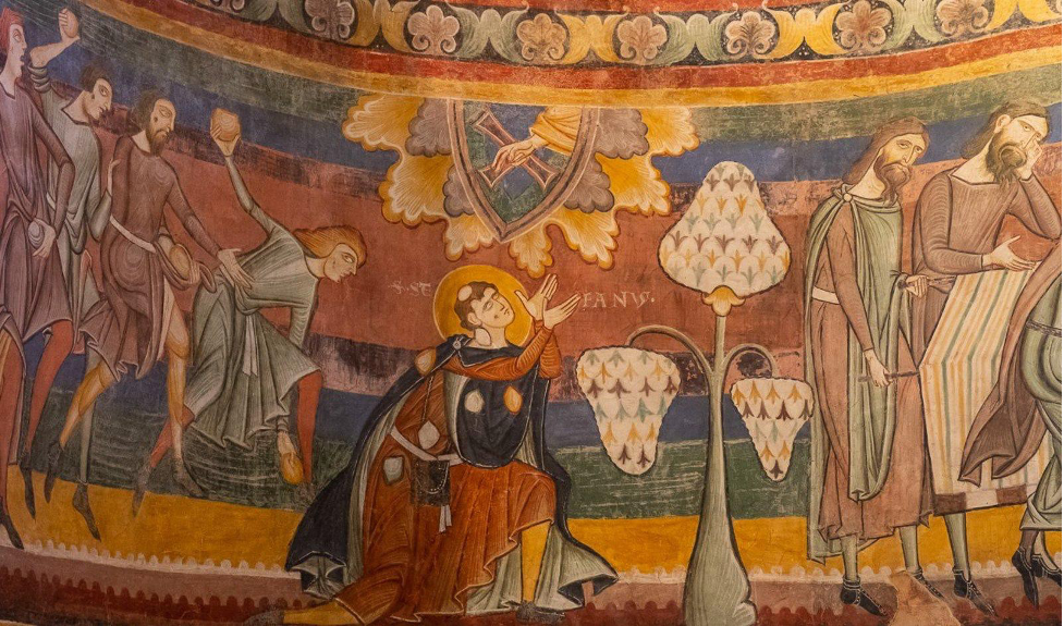 Fresco painting of a man kneeling in prayer; a hand holding a cross descends from the heavens.