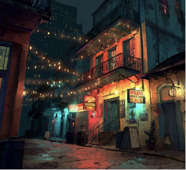 AI generated image of a New Orleans dive bar at night