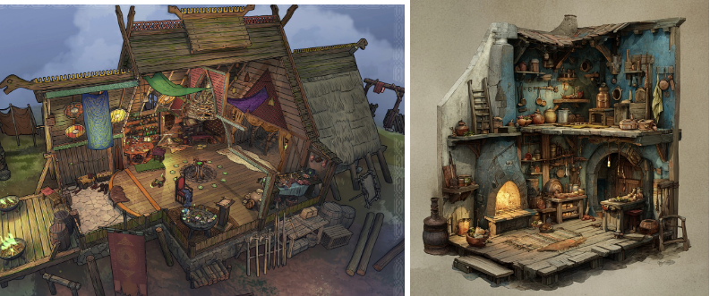Two juxtaposed images of a witchy, medieval house.
