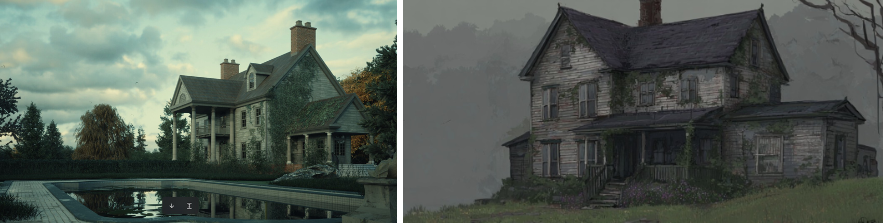 Two juxtaposed images of a crumbling rural house made of white wooden slats.