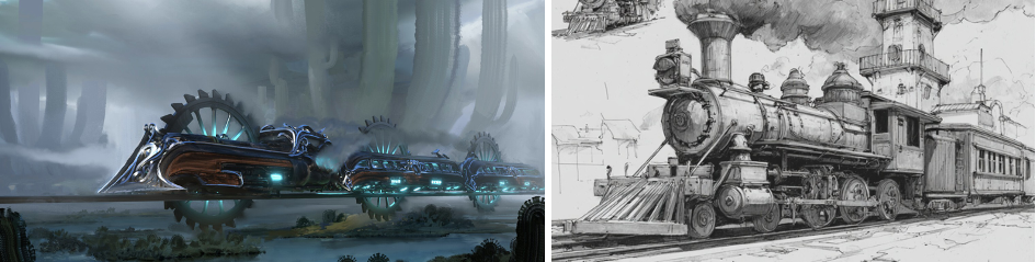 Two juxtaposed images, one of a futuristic train with barbed wheels and another of a steam locomotive.