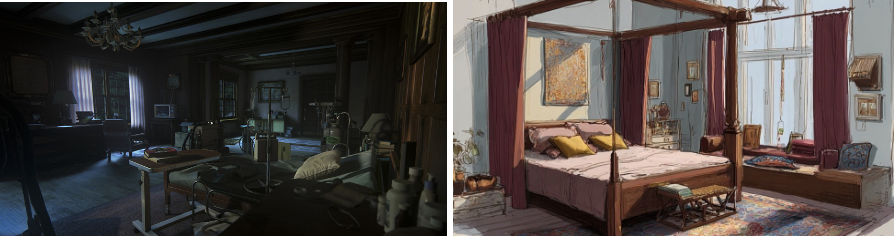 Two juxtaposed images, one of a gloomy Victorian bedroom, the other of a sun-washed Victorian bedroom.