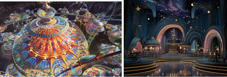 Two juxtaposed images of futuristic cities.