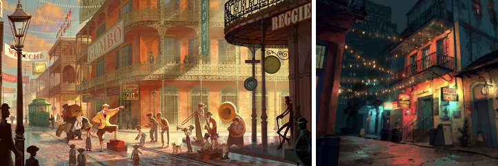Two juxtaposed images of 20s New Orleans, one during the day featuring street performers, one at night featuring a bar with string lights.