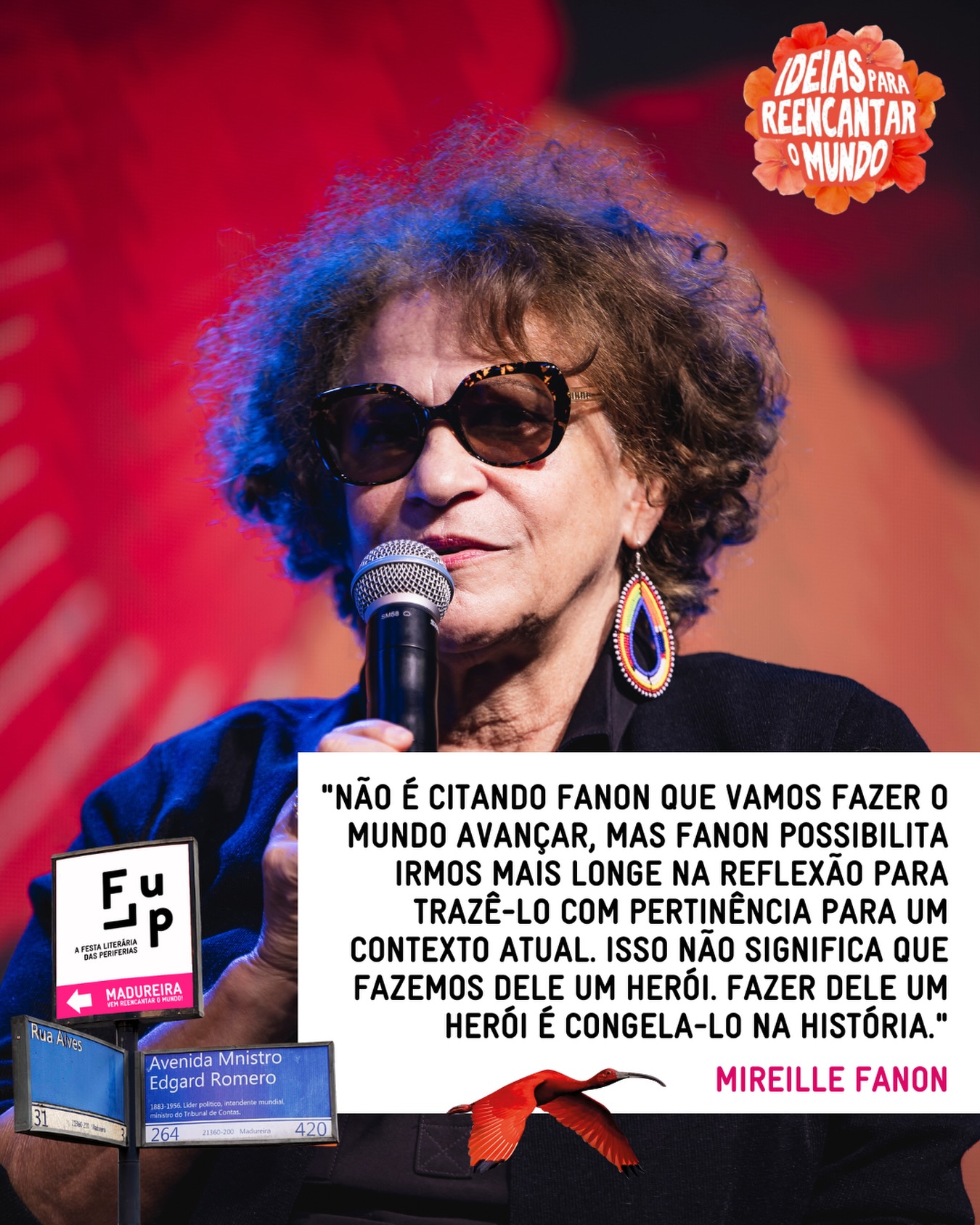 Mierielle Fanon with the quote "It's not by quoting Fanon that we're going to make the world advance, but Fanon allows us to go further in our reflection and bring his ideas relevantly into a current context. This doesn't mean we're making him a hero. Making him a hero means freezing him in history.