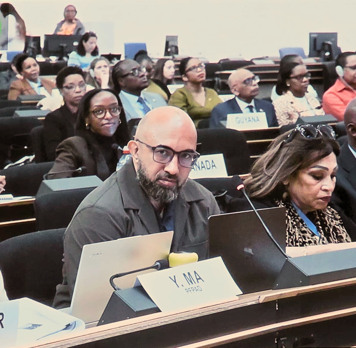 Dr. McEachrane sits at table surrounded by member nations and PFPAD members